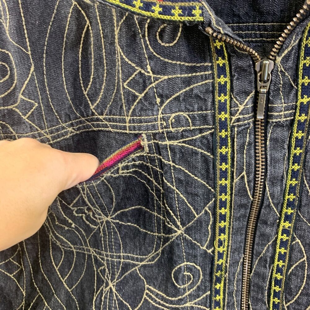 Chicos Denim Jacket Tribal Art Zip Cotton sz 2/ Large 12 Embroidered - Picture 8 of 13